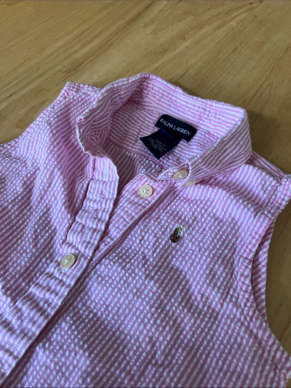 Ralph Lauren Pink & White Striped Seersucker Sleeveless Polo Top
